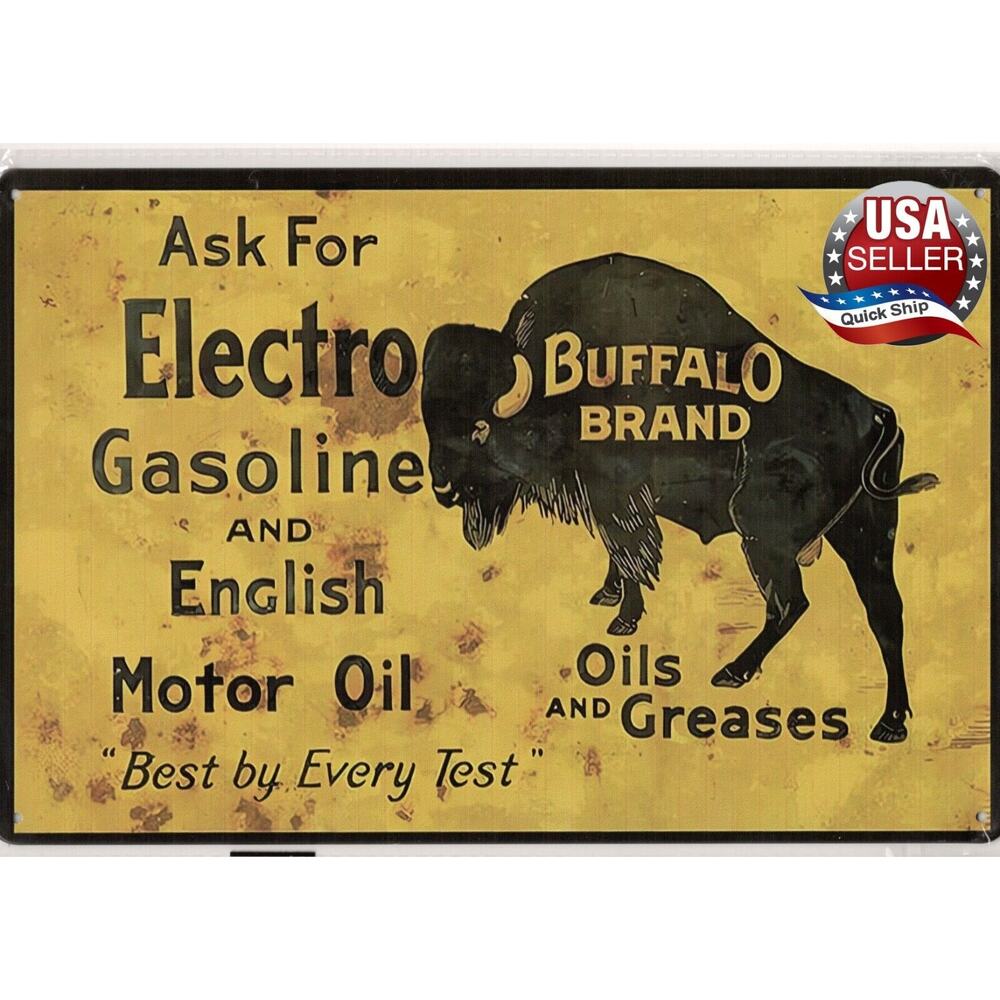 Retro Tin Sign • Petroliana • Buffalo Brand Electro Gasoline & English Motor Oil